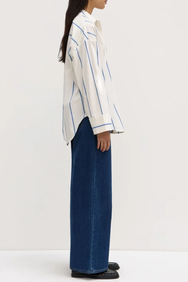 Best Assembly Label Addie Poplin Stripe Long Sleeve Shirt - White / Ultramarine