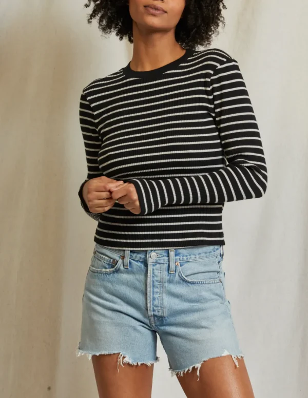 Discount Perfect White Tee Clyde Ribbed Long Sleeve Stripe Baby Tee - True Black/Natural Stripe