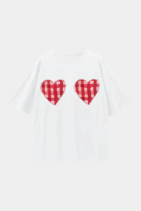 Clearance Maku Gingham Hearts T-Shirt Oversized - White