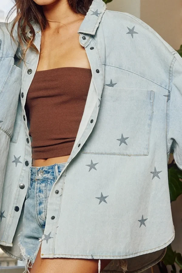 Best Bucketlist Star Print Washed Denim Shirt Jacket Shacket (pre-order May)