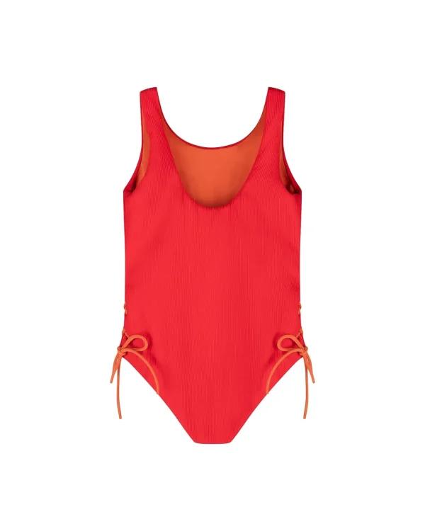 Clearance Summer Sun Label Tie Side Swimsuit - Red with Burnt Orange Tie Sides