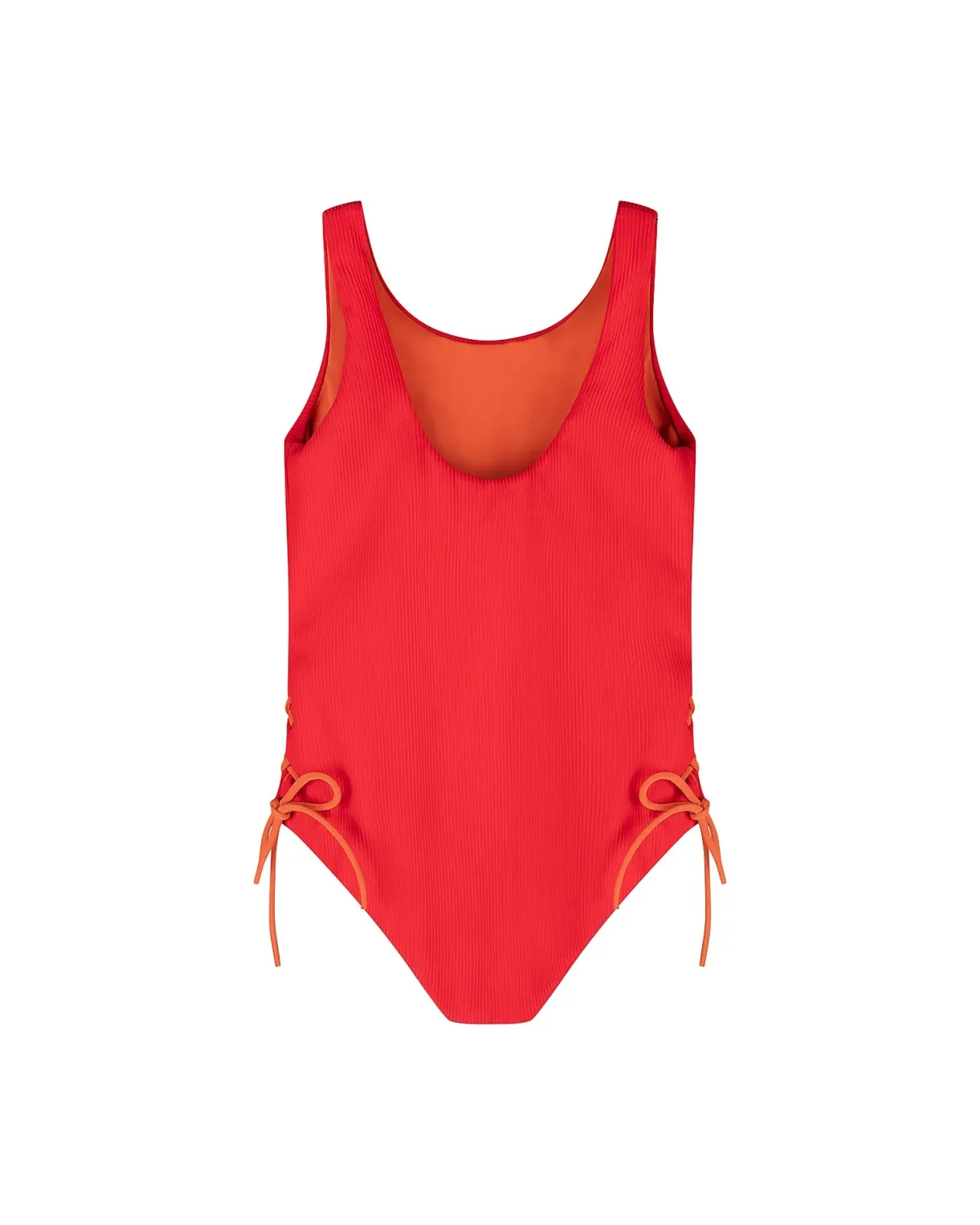 tie_side_swimsuit__red_wi_0.webp Clearance Summer Sun Label Tie Side Swimsuit - Red with Burnt Orange Tie Sides