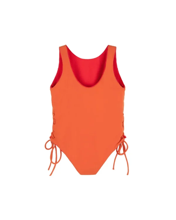 Clearance Summer Sun Label Tie Side Swimsuit - Red with Burnt Orange Tie Sides